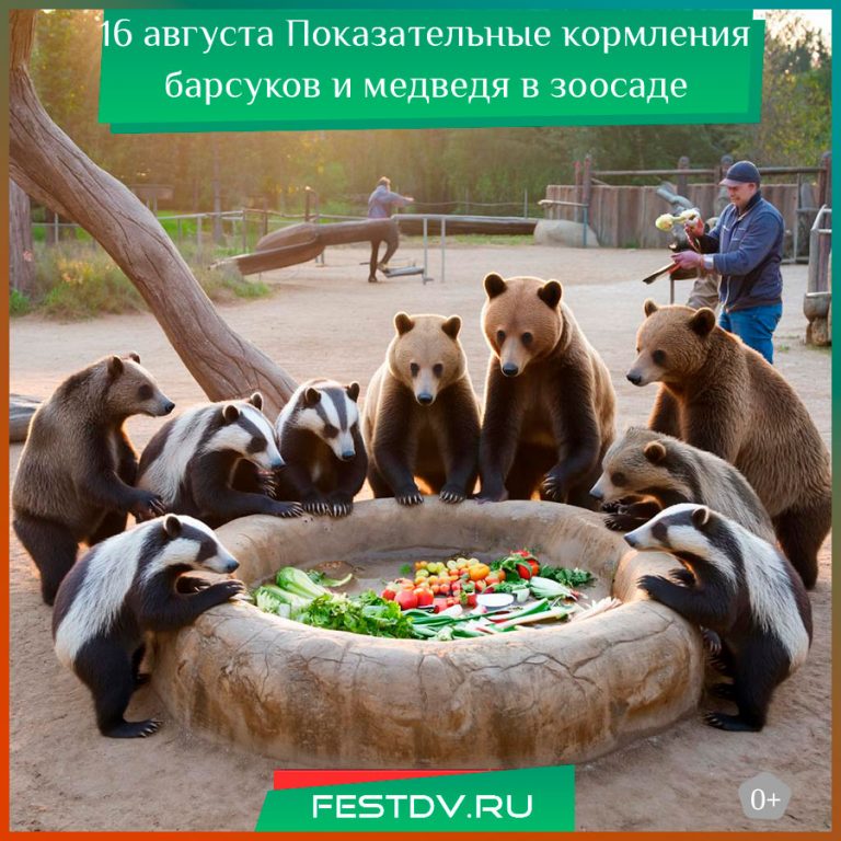 16 августа Показательные кормления барсуков и медведя в зоосаде 0+