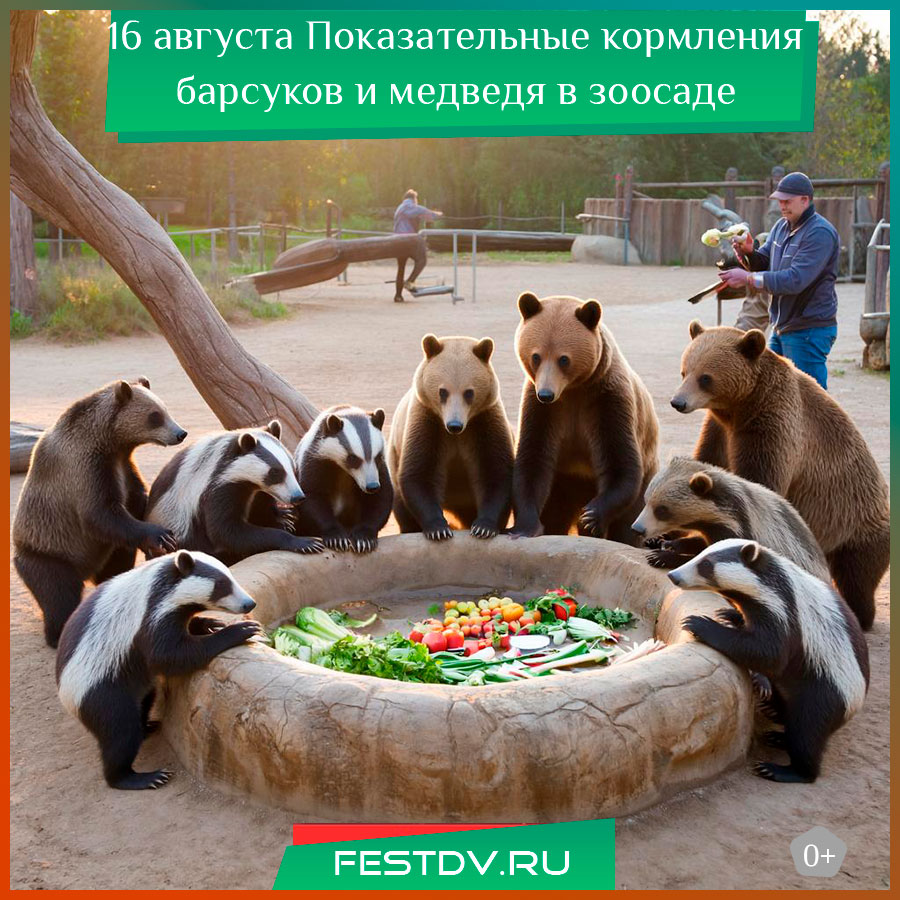 Показательные кормления барсуков и медведя в зоосаде в Хабаровске